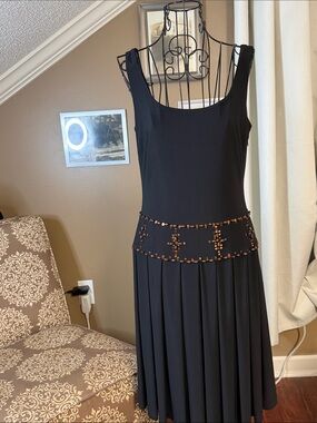 Talbots Black Beaded Waist Sleeveless Pleated Dress